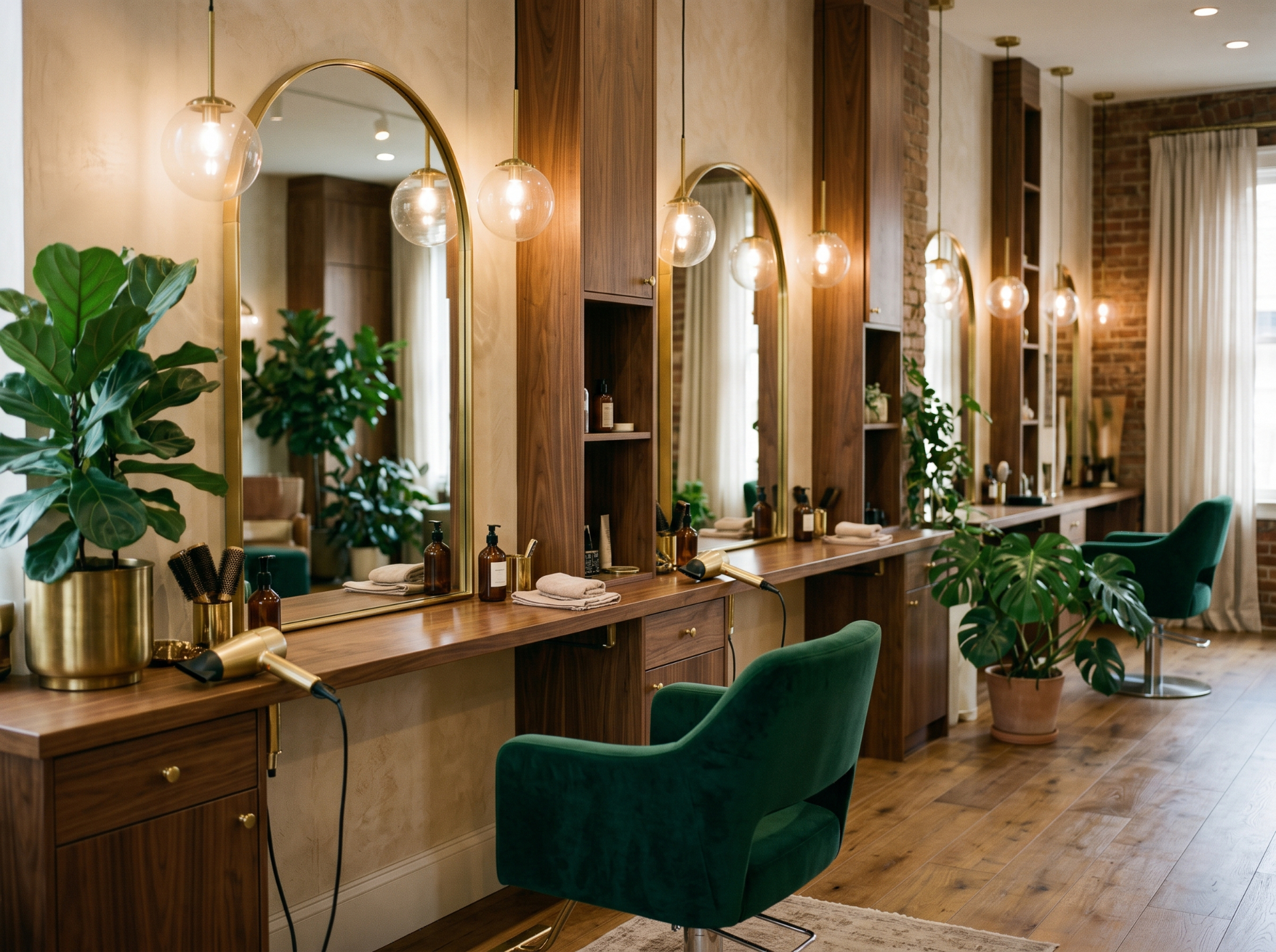 Upscale salon interior with styling chairs, mirrors, and evergreen upholstery.