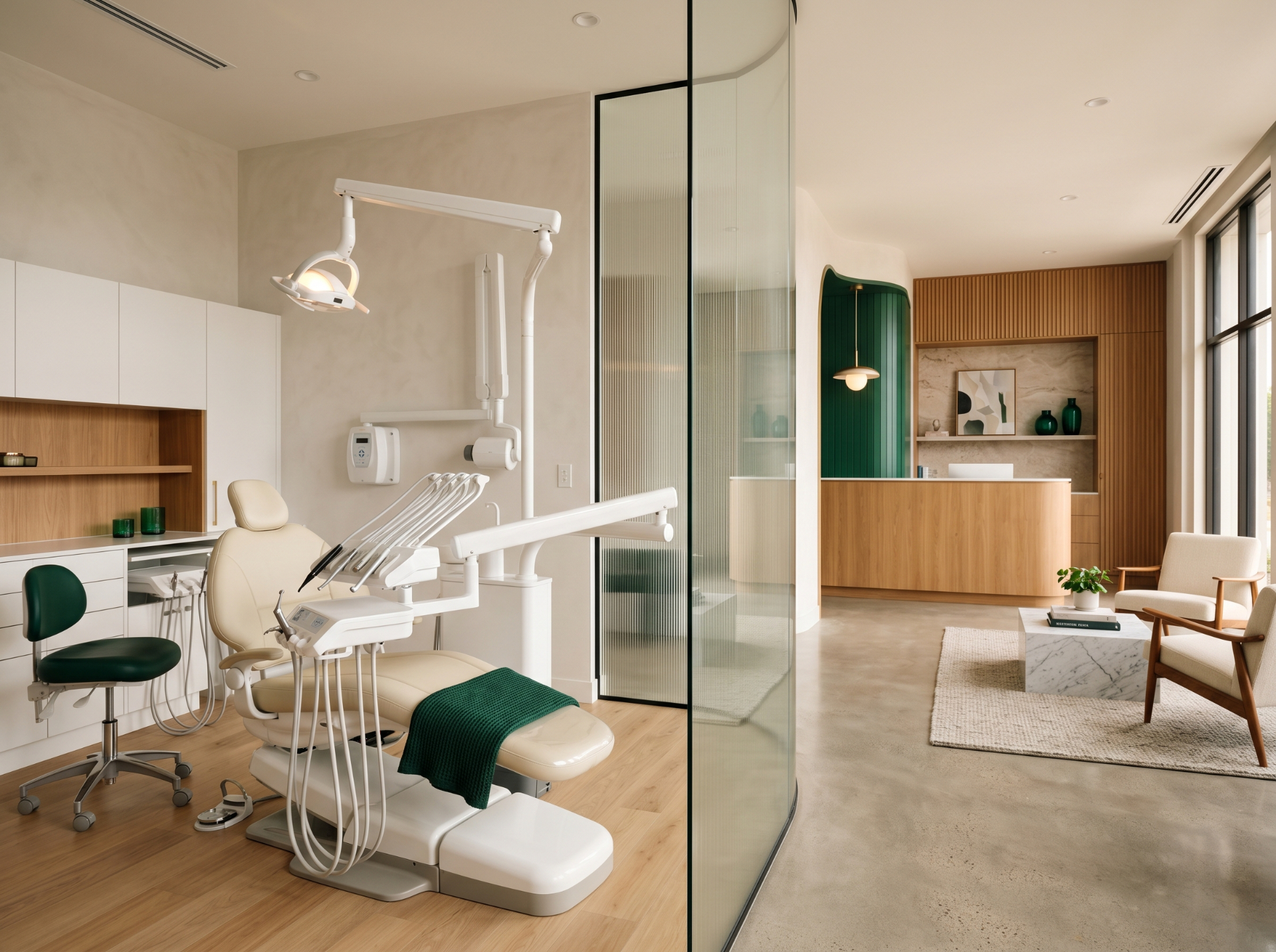 Modern dental office with warm wood finishes and green accent details.