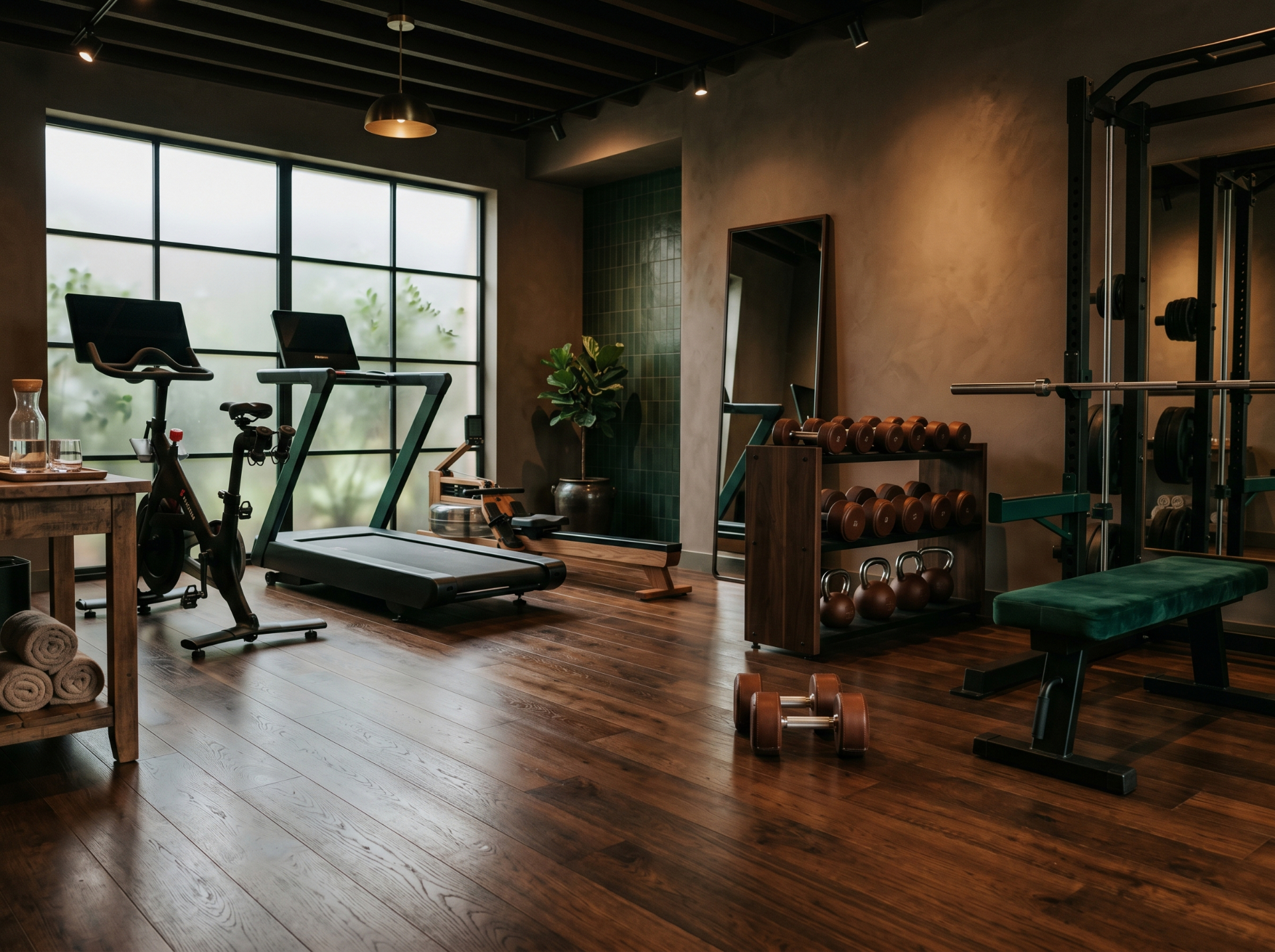 Boutique fitness studio with treadmill, weights, and evergreen workout bench.
