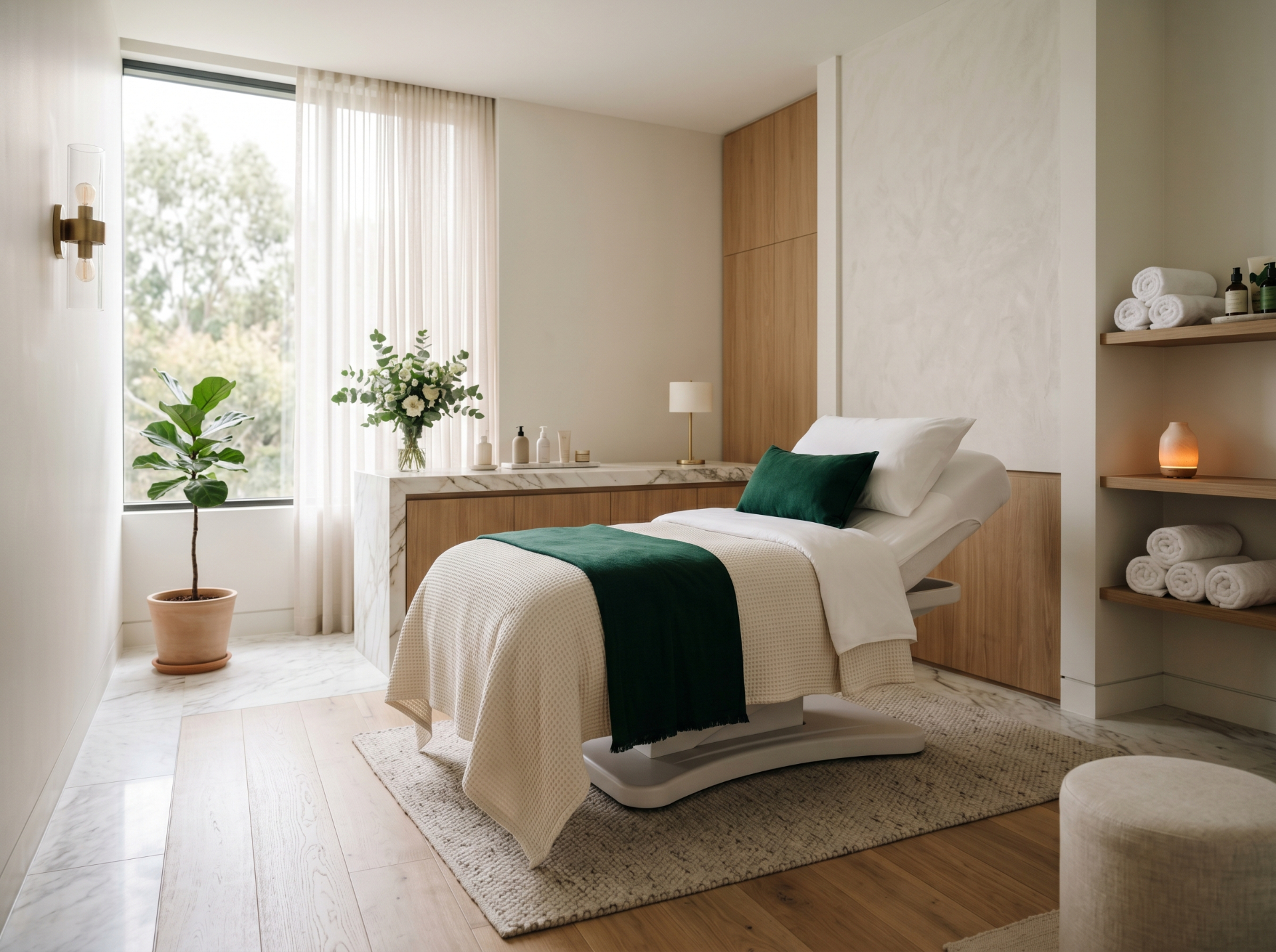 Bright med-spa treatment room with an evergreen throw on the treatment bed.